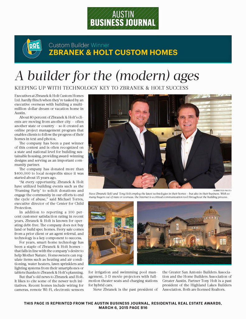 Zbranek Holt 2015 Builder of the Year Austin Business Journal