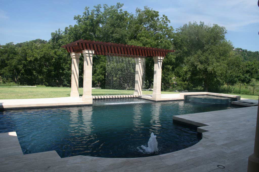 Pool tight with rain curtain trees in background