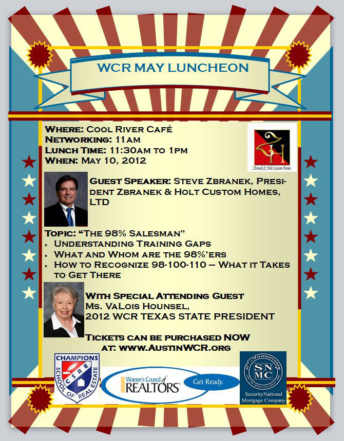 Steve Zbranek of Zbranek Holt Custom Homes Featured Speaker for WCR MAY LUNCHEON