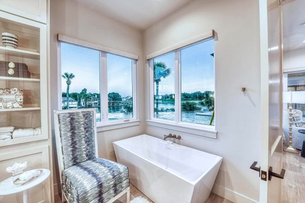 Zbranek and Holt Custom Homes Soft Modern Transitional Main Bath Overlooking Pool