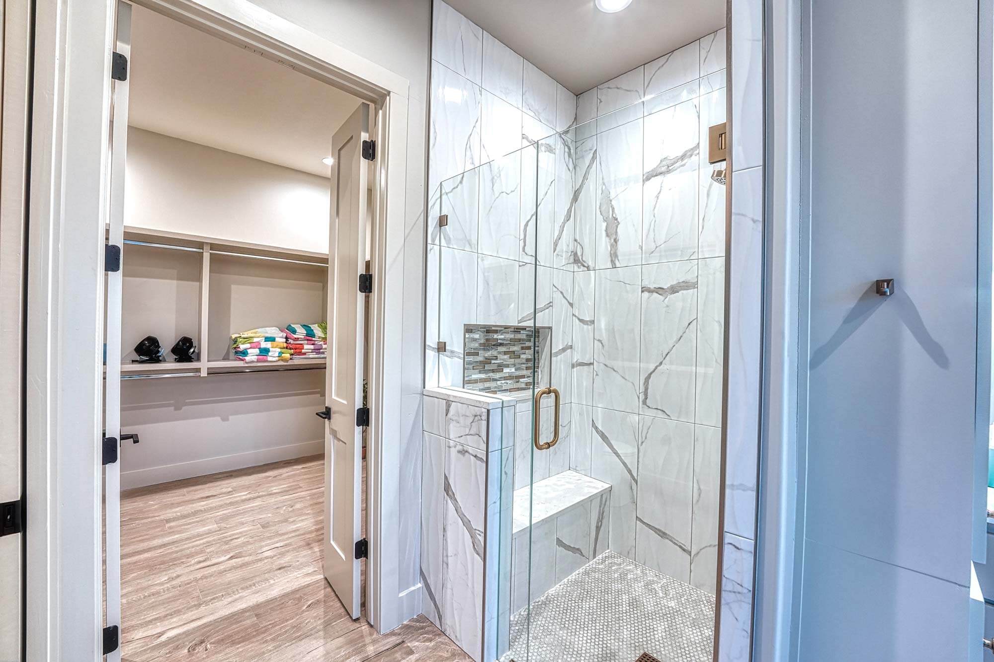 Zbranek and Holt Custom Homes Soft Modern Transitional Main Bath Shower and Walking Closet