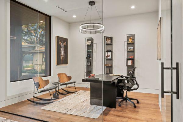 Zbranek Holt LakeLBJ Modern Luxury Lakehouse Office Glass Walls Wood Accent Chairs